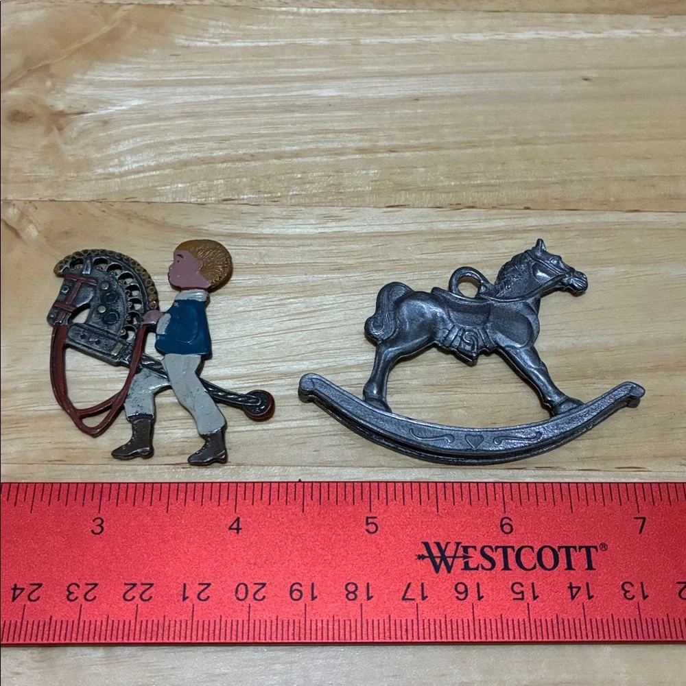 Vintage metal toy horse ornaments.  Rocking horse and stick horse